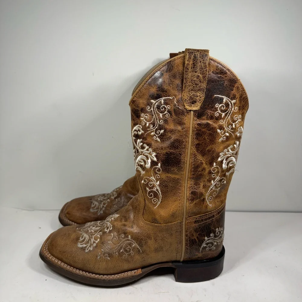 BSY1958 Old West Girl's Youth Square Toe Leather Western Boot Brown Size 7 - Picture 3 of 9